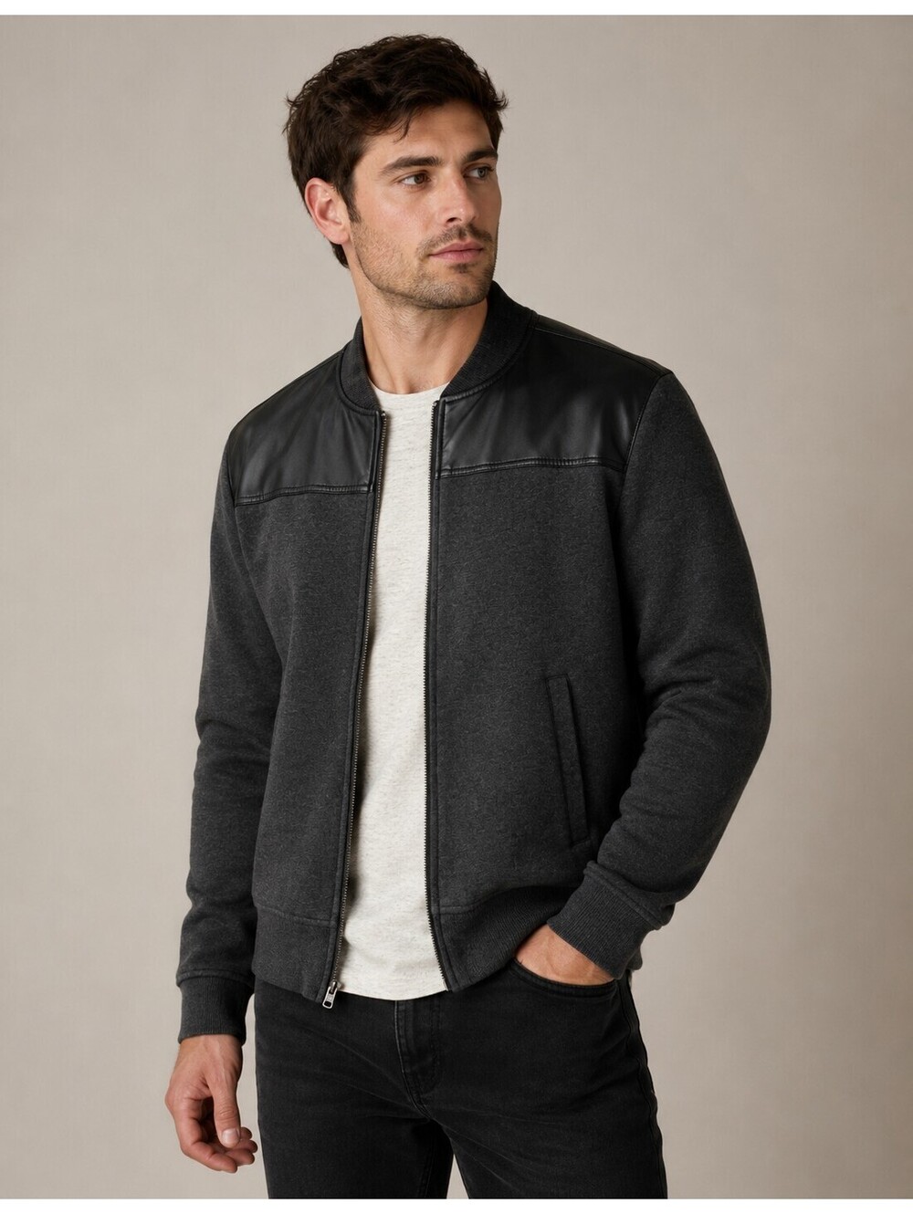 Michael Kors Men’s Zip Sweater Jacket Charcoal Gray Faux Leather Trim S Gorpcore